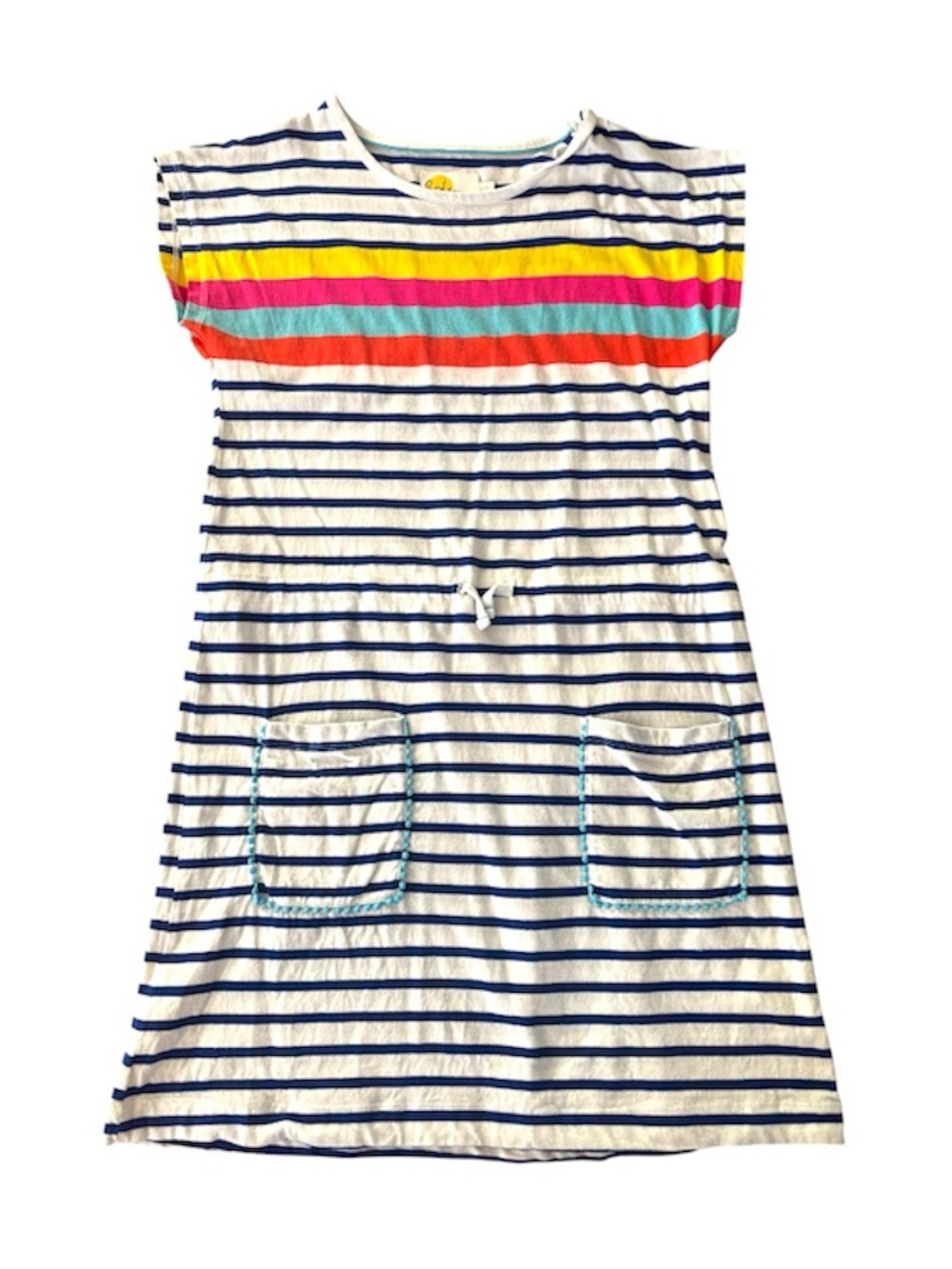 Mini Boden White Navy Striped Dress with Rainbow Yoke